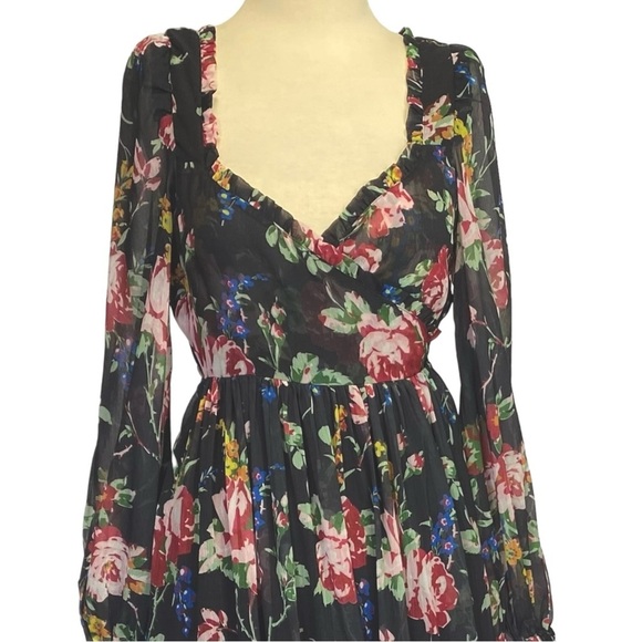 ByTiMo Floral Wrap Bodice Long Sleeve Chiffon Dress in Rose Field - Picture 3 of 14